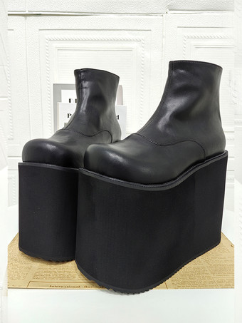 ゴシックロリータブーツ プラットフォーム ブラック ラウンドトゥ PUレザー アンクル丈 ロリータシューズ