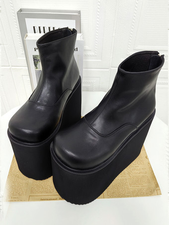 ゴシックロリータブーツ プラットフォーム ブラック ラウンドトゥ PUレザー アンクル丈 ロリータシューズ