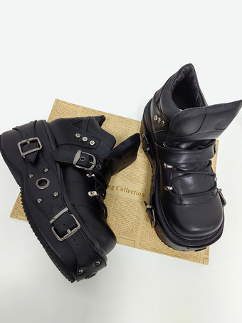 Gothic Lolita Schuhe schwarze Plateauschuhe mit Ösen und Schnallen Lolita-Schuhe aus PU-Leder