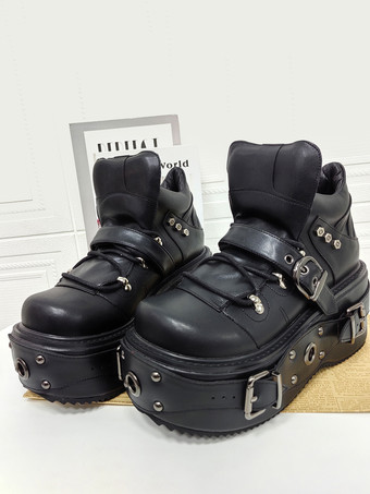 Gothic Lolita Schuhe schwarze Plateauschuhe mit Ösen und Schnallen Lolita-Schuhe aus PU-Leder