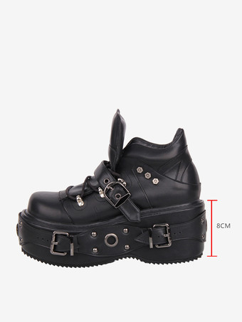 Gothic Lolita Schuhe schwarze Plateauschuhe mit Ösen und Schnallen Lolita-Schuhe aus PU-Leder