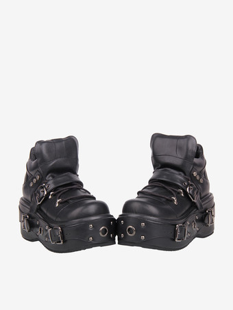 Gothic Lolita Schuhe schwarze Plateauschuhe mit Ösen und Schnallen Lolita-Schuhe aus PU-Leder