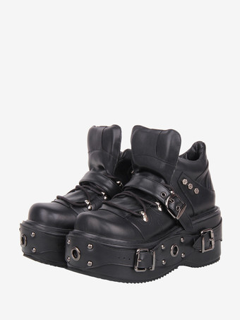 SchwarzGothic Lolita Schuhe schwarze Plateauschuhe mit Ösen und Schnallen Lolita-Schuhe aus PU-Leder