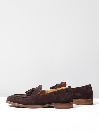 メンズ スエード ボートローファー ラウンドトゥ スリッポン カジュアルシューズ タッセル付き