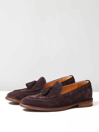 ブラウン メンズ スエード ボートローファー ラウンドトゥ スリッポン カジュアルシューズ タッセル付き