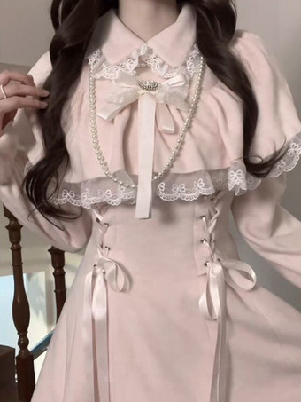 クラシックピンクのスイートロリータドレス、偽の2層ケープ、長袖、リボン、スイートロリータドレス
