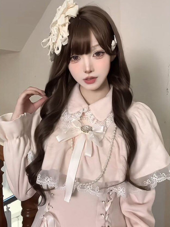 クラシックピンクのスイートロリータドレス、偽の2層ケープ、長袖、リボン、スイートロリータドレス