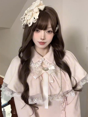 クラシックピンクのスイートロリータドレス、偽の2層ケープ、長袖、リボン、スイートロリータドレス