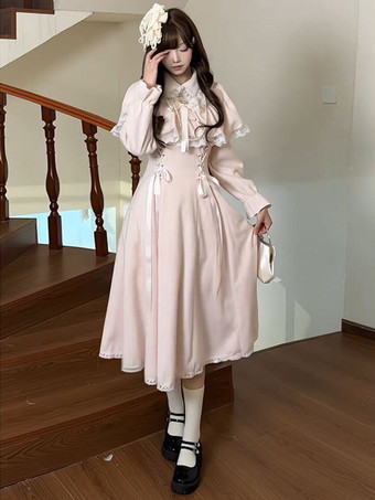 クラシックピンクのスイートロリータドレス、偽の2層ケープ、長袖、リボン、スイートロリータドレス