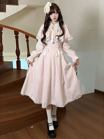 クラシックピンクのスイートロリータドレス、偽の2層ケープ、長袖、リボン、スイートロリータドレス