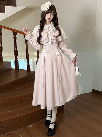 クラシックピンクのスイートロリータドレス、偽の2層ケープ、長袖、リボン、スイートロリータドレス
