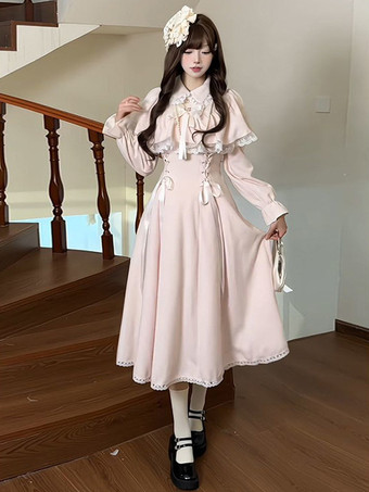 ピンククラシックピンクのスイートロリータドレス、偽の2層ケープ、長袖、リボン、スイートロリータドレス