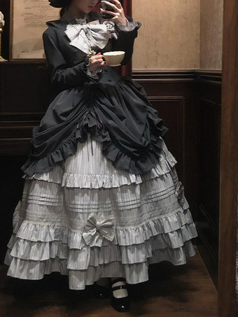ブラックゴシックロリータドレスセット ヴィンテージスタイル ビクトリアンフリル 長袖シャツ オーバーコート スカートセット