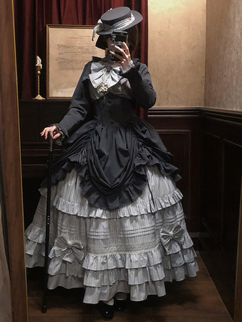 ブラックゴシックロリータドレスセット ヴィンテージスタイル ビクトリアンフリル 長袖シャツ オーバーコート スカートセット