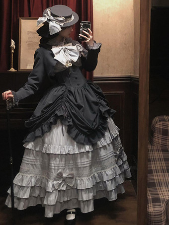 ブラックゴシックロリータドレスセット ヴィンテージスタイル ビクトリアンフリル 長袖シャツ オーバーコート スカートセット