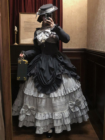 ブラック ブラックゴシックロリータドレスセット ヴィンテージスタイル ビクトリアンフリル 長袖シャツ オーバーコート スカートセット