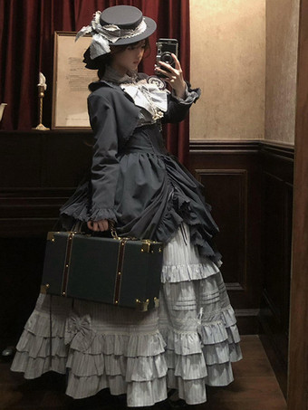 ブラックゴシックロリータドレスセット ヴィンテージスタイル ビクトリアンフリル 長袖シャツ オーバーコート スカートセット