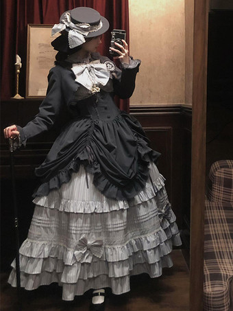 ブラックゴシックロリータドレスセット ヴィンテージスタイル ビクトリアンフリル 長袖シャツ オーバーコート スカートセット