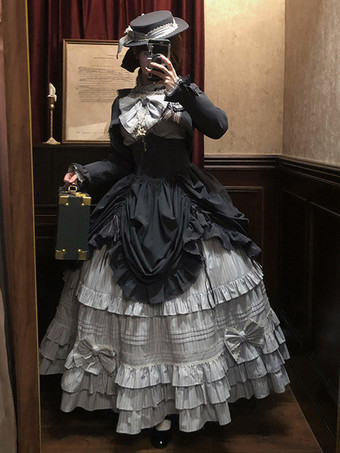 ブラックゴシックロリータドレスセット ヴィンテージスタイル ビクトリアンフリル 長袖シャツ オーバーコート スカートセット