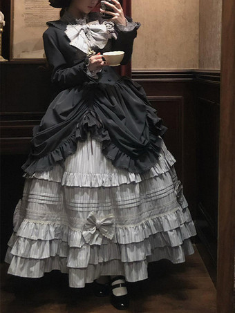 ブラックゴシックロリータドレスセット ヴィンテージスタイル ビクトリアンフリル 長袖シャツ オーバーコート スカートセット