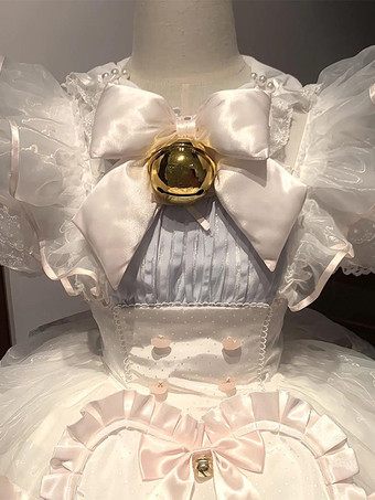 Vestido Lolita Dulce Traje de Mucama Corto Lazos Volantes Vestido Lolita Blanco con Gargantilla