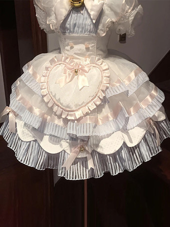 Vestido Lolita Dulce Traje de Mucama Corto Lazos Volantes Vestido Lolita Blanco con Gargantilla