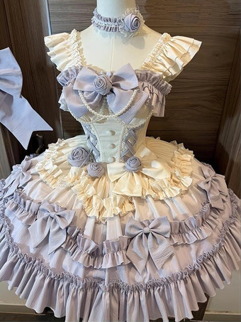 Vestido de lolita dulce de ballet JSK con volantes y lazos vestido de lolita con flores moradas y cola