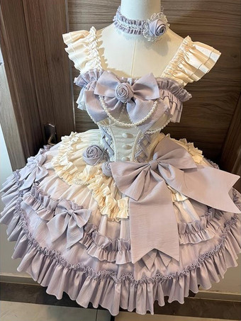 MoradoVestido de lolita dulce de ballet JSK con volantes y lazos vestido de lolita con flores moradas y cola