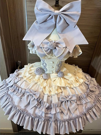 Vestido de lolita dulce de ballet JSK con volantes y lazos vestido de lolita con flores moradas y cola