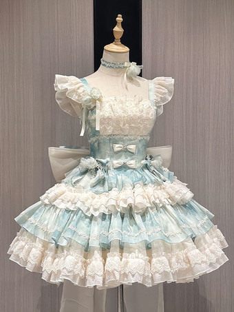 VerdeAbito Lolita JSK Sweet Lolita con volant fiocchi sulla schiena fasciatura verde con strascico