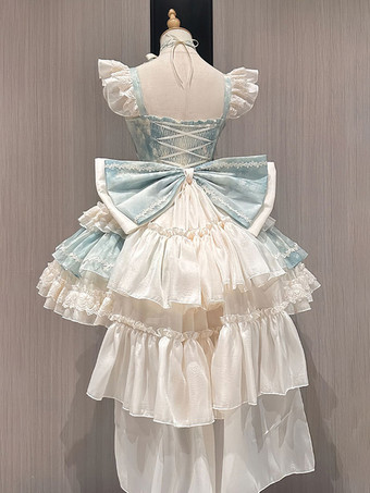 Abito Lolita JSK Sweet Lolita con volant fiocchi sulla schiena fasciatura verde con strascico