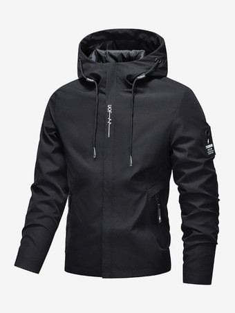 ブラック メンズ フード付きジャケット 長袖 ジップ開閉 サイドポケット カジュアルコート