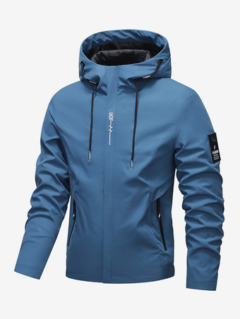 ブルー メンズ フード付きジャケット 長袖 ジップ開閉 サイドポケット カジュアルコート