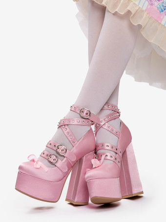 ライトピンクライトピンクのロリータシューズ、Y2Kスタイルのバックルクロスストラップチャンキーヒール、サテンロリータパンプスシューズ