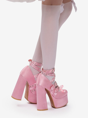 ライトピンクのロリータシューズ、Y2Kスタイルのバックルクロスストラップチャンキーヒール、サテンロリータパンプスシューズ