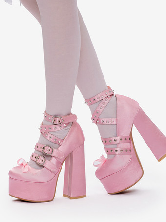 ライトピンクのロリータシューズ、Y2Kスタイルのバックルクロスストラップチャンキーヒール、サテンロリータパンプスシューズ