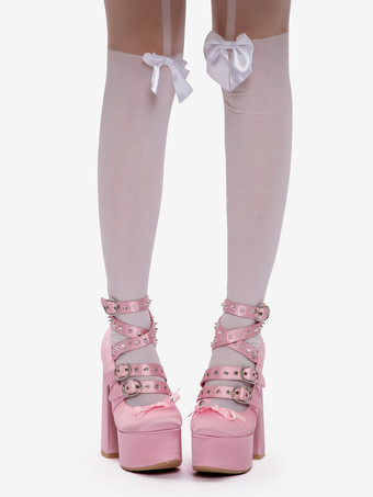 ライトピンクのロリータシューズ、Y2Kスタイルのバックルクロスストラップチャンキーヒール、サテンロリータパンプスシューズ