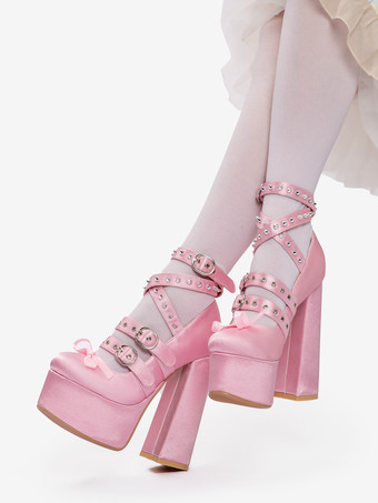ライトピンクのロリータシューズ、Y2Kスタイルのバックルクロスストラップチャンキーヒール、サテンロリータパンプスシューズ