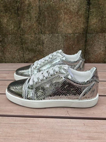 シルバー レディース カジュアルスニーカー ラウンドトゥ スネーク柄 レースアップ スケートシューズ