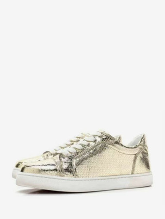 ゴールド レディース カジュアルスニーカー ラウンドトゥ スネーク柄 レースアップ スケートシューズ