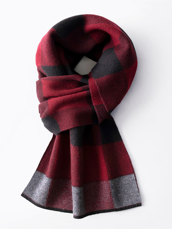 バーガンディー100%ウール メンズ マフラー チェック柄 マフラー ネックウォーマー