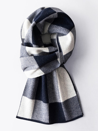 ダークネイビー100%ウール メンズ マフラー チェック柄 マフラー ネックウォーマー