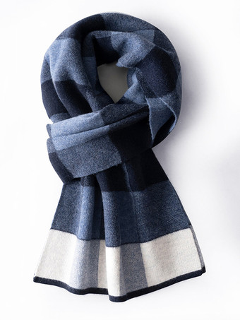 ディープブルー100%ウール メンズ マフラー チェック柄 マフラー ネックウォーマー