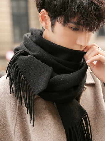 ブラック メンズ スカーフ 冬用 ピュアウール ネックウォーマー タッセル付き
