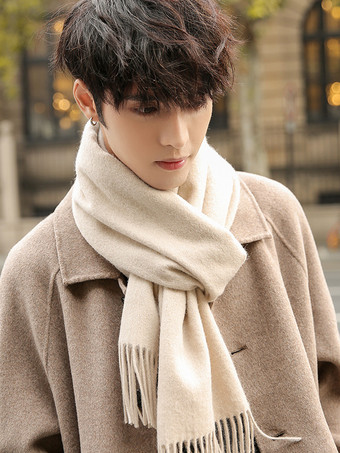 ライト アプリコットメンズ スカーフ 冬用 ピュアウール ネックウォーマー タッセル付き