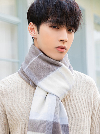 カーキ メンズ スカーフ 冬用 ピュアウール ネックウォーマー タッセル付き