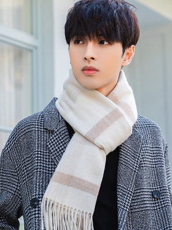 ライトブラウンメンズ スカーフ 冬用 ピュアウール ネックウォーマー タッセル付き