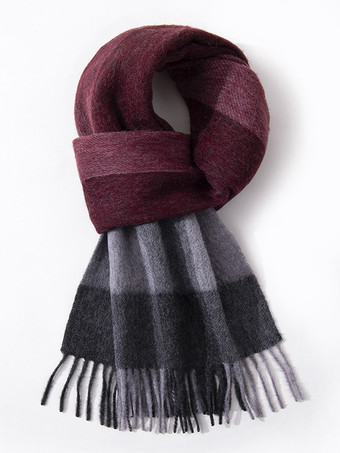 ワインレッド 100%ウール メンズ マフラー クラシック チェック柄 タッセル付き