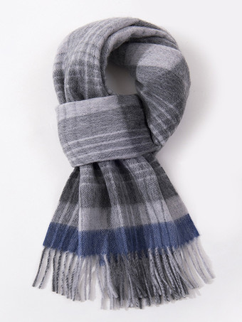 グレーブルー100%ウール メンズ マフラー クラシック チェック柄 タッセル付き