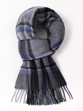 グレイ100%ウール メンズ マフラー クラシック チェック柄 タッセル付き